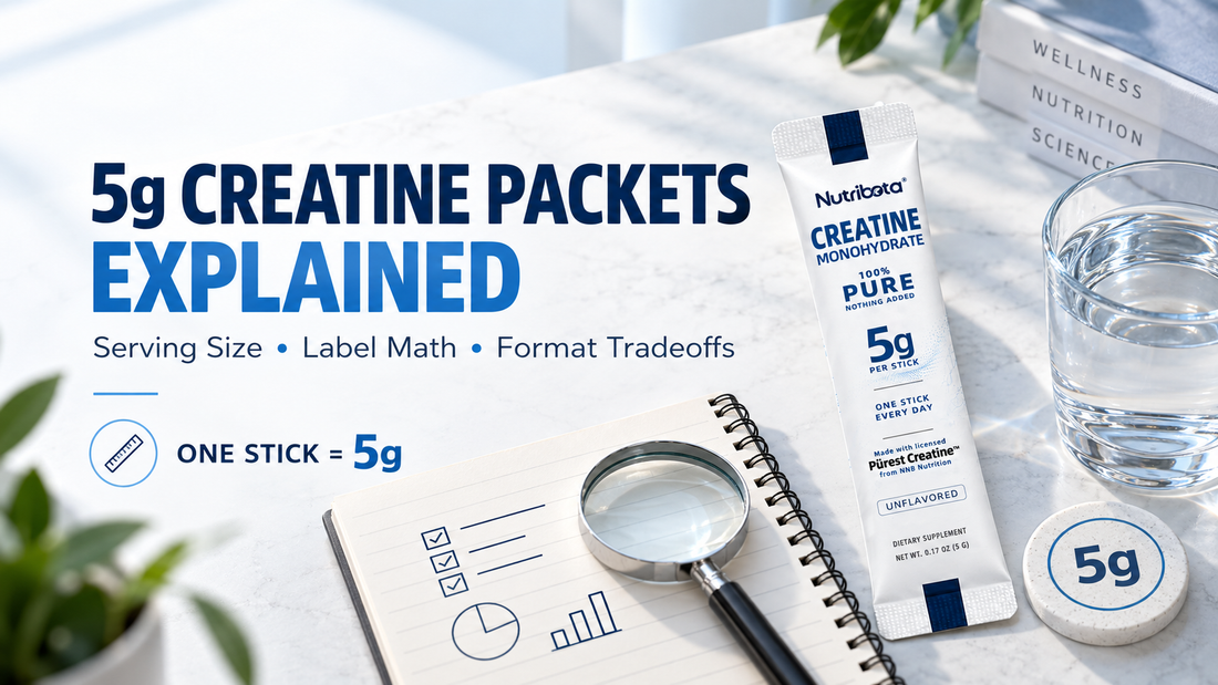 5g creatine packets explained with a Nutribota single-serve stick, label guide, and glass of water