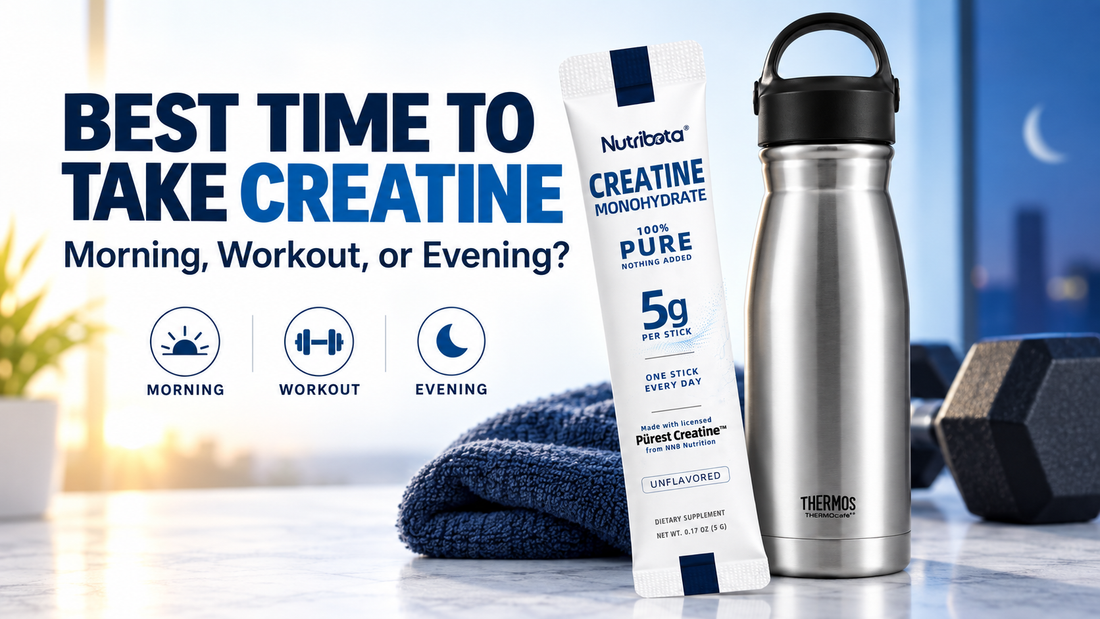 Best time to take creatine with a Nutribota 5g stick pack and water bottle from morning through evening