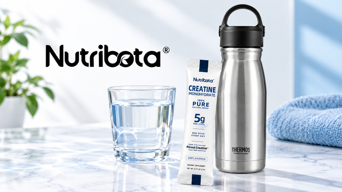 Nutribota 5g creatine stick pack beside water and a reusable bottle