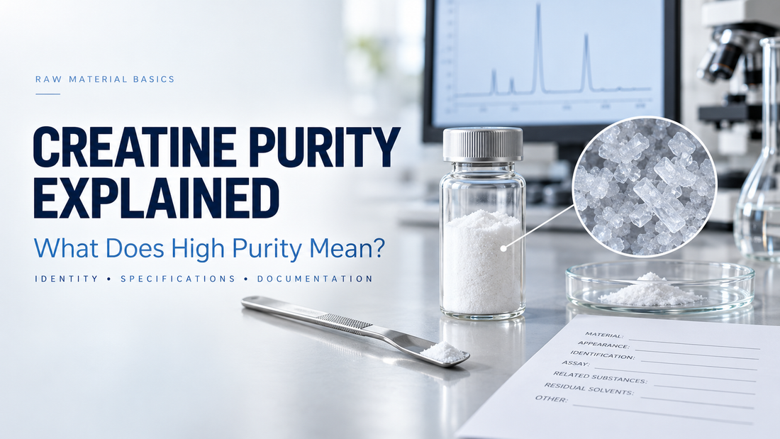 Creatine purity explained with a raw material sample, crystalline texture, specifications, and documentation concept