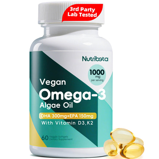 Nutribota Vegan Omega 3 Softgels | 1000mg Algae Oil as Fish Oil Alternative | 300mg DHA + 150mg EPA | Omega 3 Supplements with Vitamin D3 & K2 for Brain, Eye, Skin& Immunity | 60 Count
