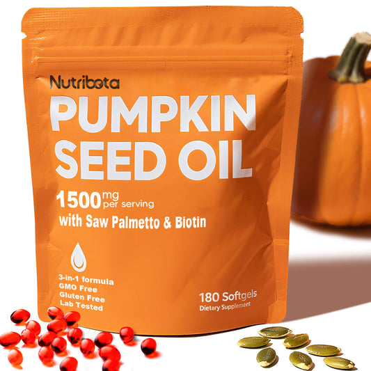 Nutribota Premium Pumpkin Seed Oil Softgel- 1500mg per serving with Saw Palmetto & Biotin, Cold Pressed, Pure Virgin Oil for Hair, Urinary,Bladder & Prostate Health, 180 count.