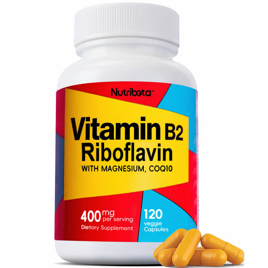 Nutribota Vitamin B2 Riboflavin 400mg with Magnesium & CoQ10 for Adults,Vitamin B2 capsules for Energy,Migraine Relief,120 Veggie Capsules